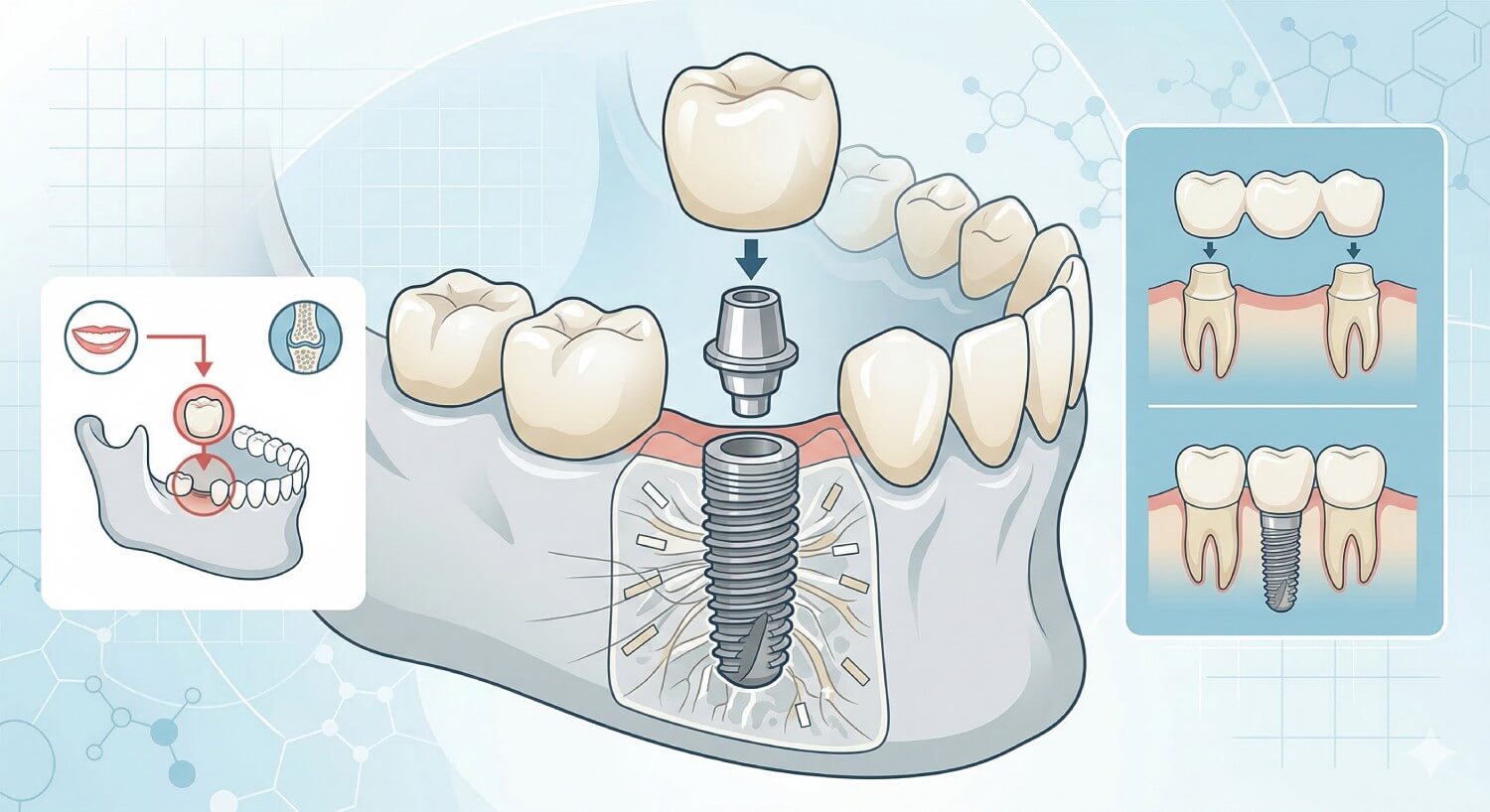 Diagrama explicativo de um implante dentário com coroa sendo fixado no osso da mandíbula na Ferdinand Odontologia, referência de dentista na Tijuca, RJ