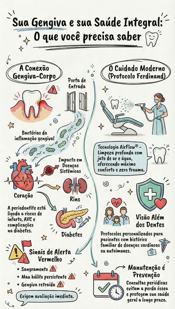 Infográfico sobre saúde gengival na Ferdinand Odontologia (Tijuca), explicando a conexão entre bactérias da boca e doenças cardiovasculares, diabetes e gravidez. Lista sinais de alerta como sangramento e destaca a tecnologia AirFlow®