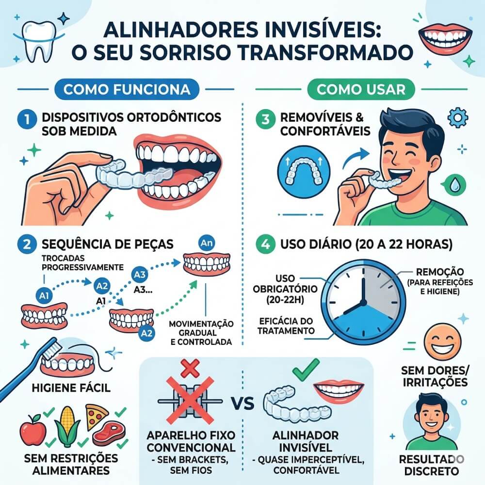 Infográfico sobre alinhadores invisíveis na Ferdinand Odontologia na Tijuca, detalhando o funcionamento (peças sob medida), o uso diário (20 a 22 horas) e as vantagens como higiene fácil e ausência de dores comparado ao aparelho fixo