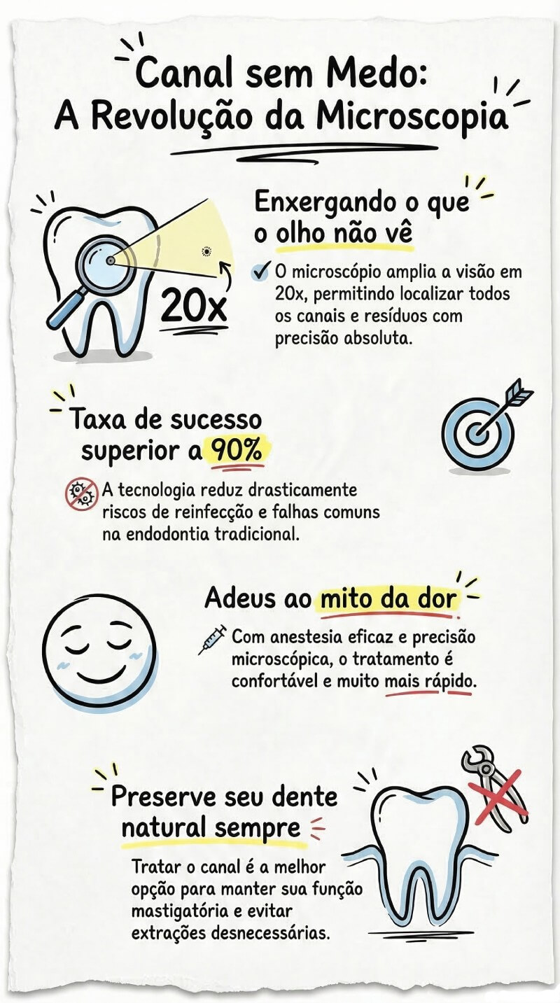 Infográfico sobre tratamento de canal com microscopia na Ferdinand Odontologia na Tijuca, destacando visão de 20x, taxa de sucesso de 90% e redução da dor