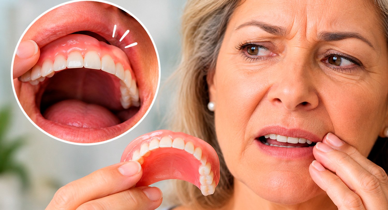 Dentadura completa superior e inferior sobre superfície reflexiva branca, ilustrando o problema de dentadura frouxa em Linhares ES.