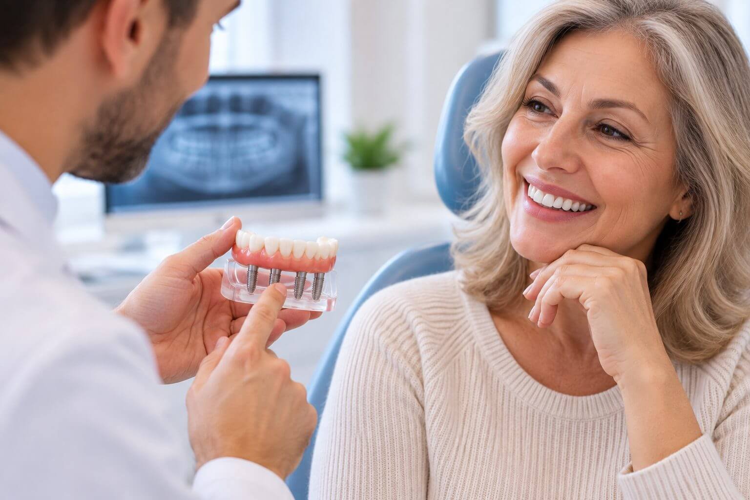 Dentista explica a diferença entre prótese protocolo e dentadura para paciente sorridente na clínica Spazio Vita em Linhares.